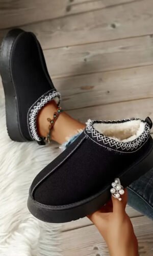 Black Contrast Print Suede Plush Lined Snow Boots