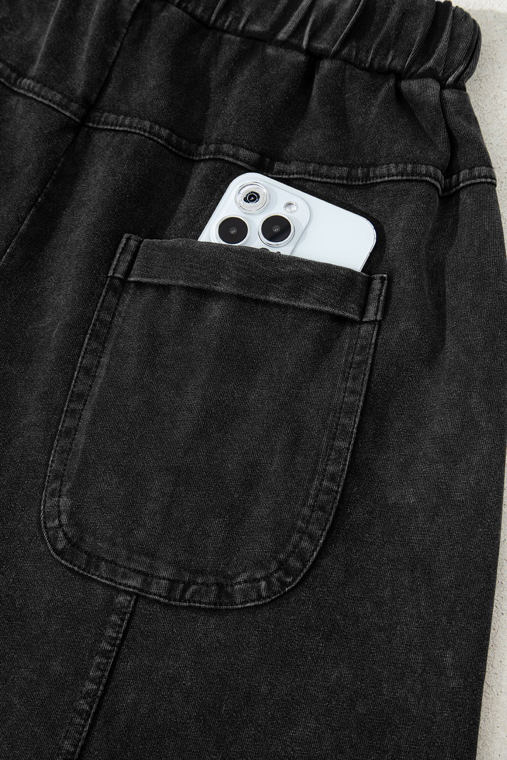 Black Mineral Wash Exposed Seam Drawstring Elastic Waistband Wide Leg Cargo Pants - Image 8