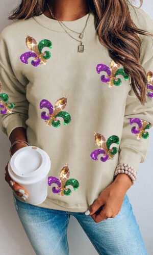 Khaki Sequin Mardi Gras Graphic Pullover Sweatshirt