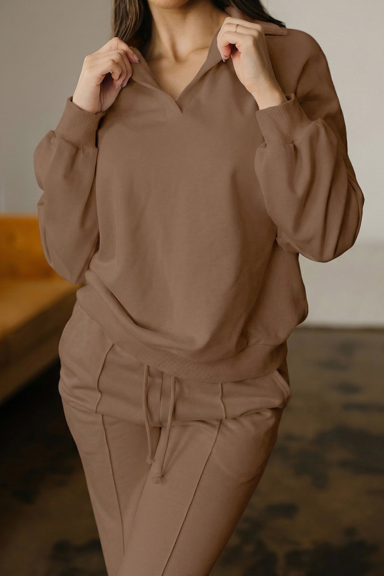 Dark Khaki Polo Collar V Neck Pullover and Drawstring Sweatpants Set - Image 15