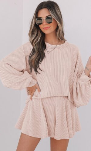 Jet Stream Corded Lantern Sleeve Top High Waist Ruffled Mini Skort Set