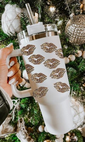 White Valentine Leopard Lips Print Thermos Cup with Straw 40oz