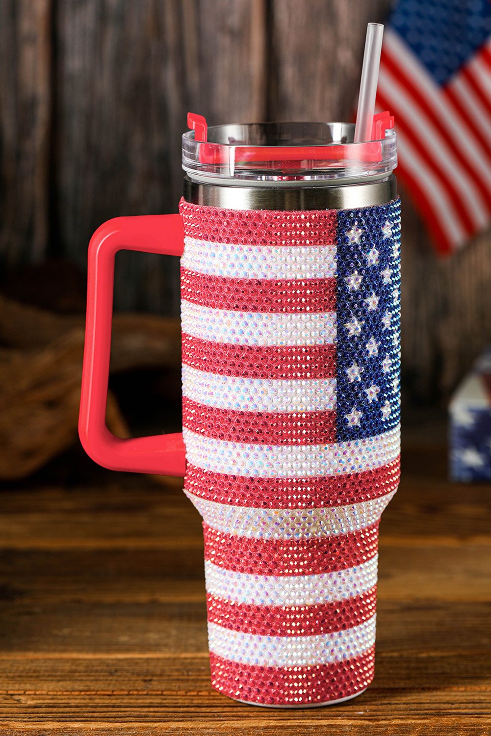 Red Rhinestone American Flag Print Handled 40oz Thermos Tumbler - Image 2