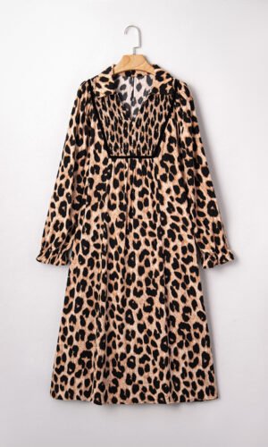 Brown Leopard Print Smocked Detail Flowy Midi Dress