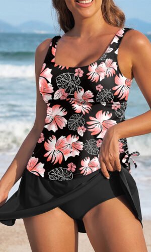 Black Scoop Neck Adjustable Tankini and Matching Skort Bathing Suit