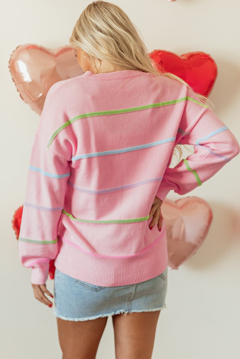 Pink Rainbow Stripes Drop Shoulder Baggy Henley Sweater - Image 2