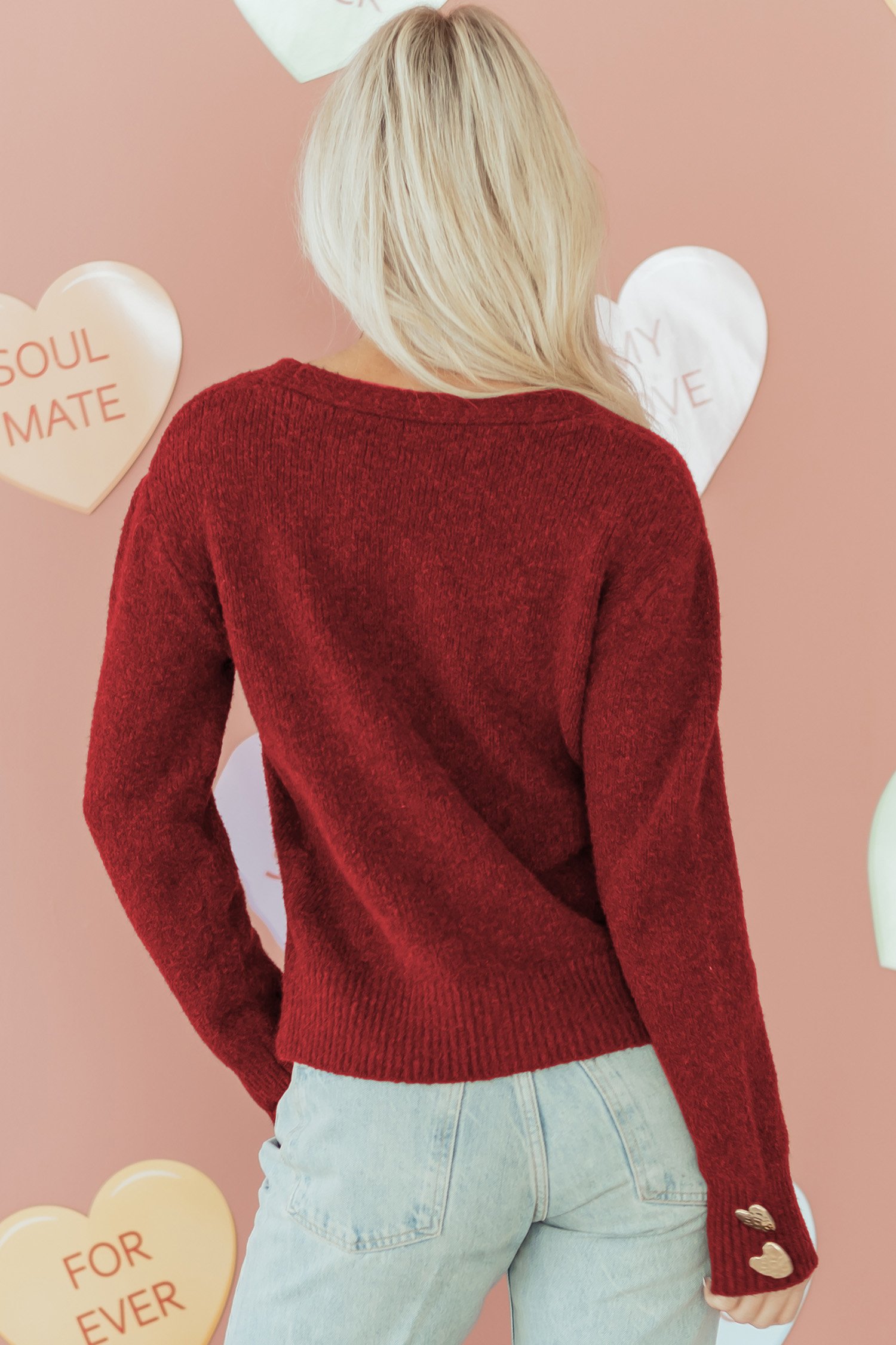 Fiery Red Heart Metal Button V Neck Cardigan Sweater - Image 4
