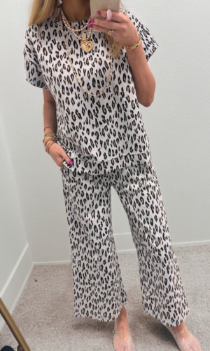 Beige Leopard Print Casual Tee and Pants 2pcs Outfit