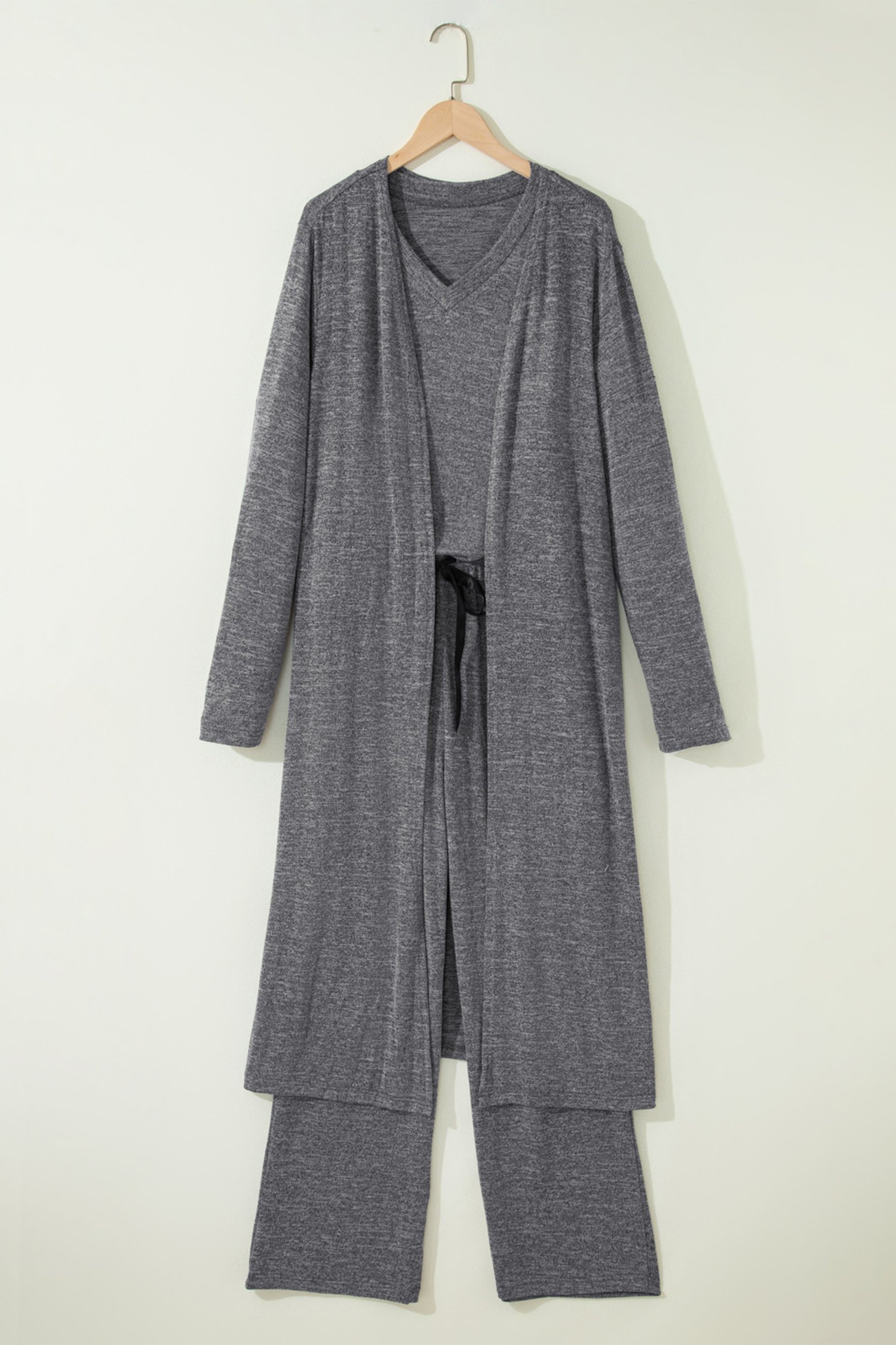 Dark Grey 3pcs V Neck T Shirt Ribbon Knot Pants Open Duster 3pcs Lounge Set - Image 4
