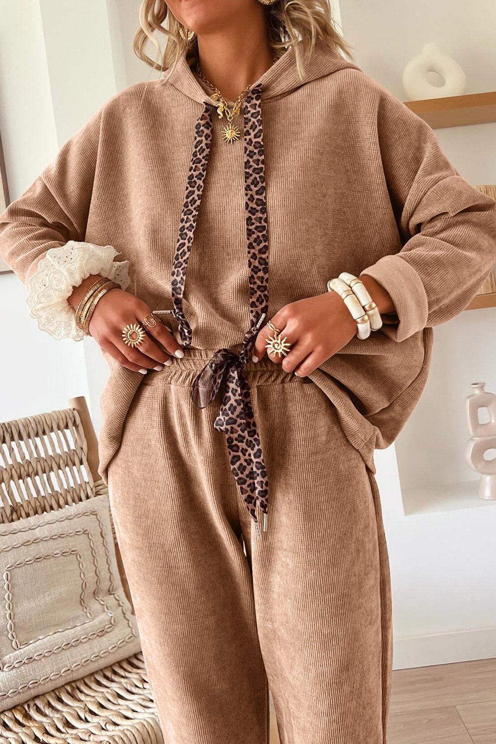 Dark Khaki Leopard Drawstring Pullover Hoodie and High Waist Pants Corduroy Suit - Image 2