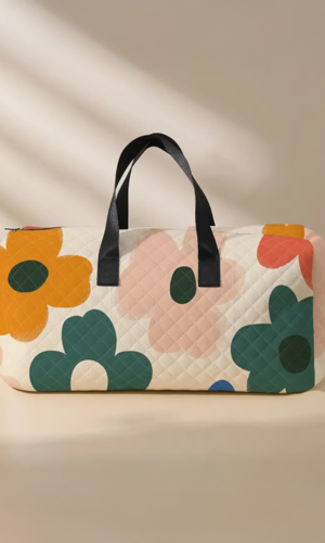White Flower Print Quilted Large Duffel Bag
