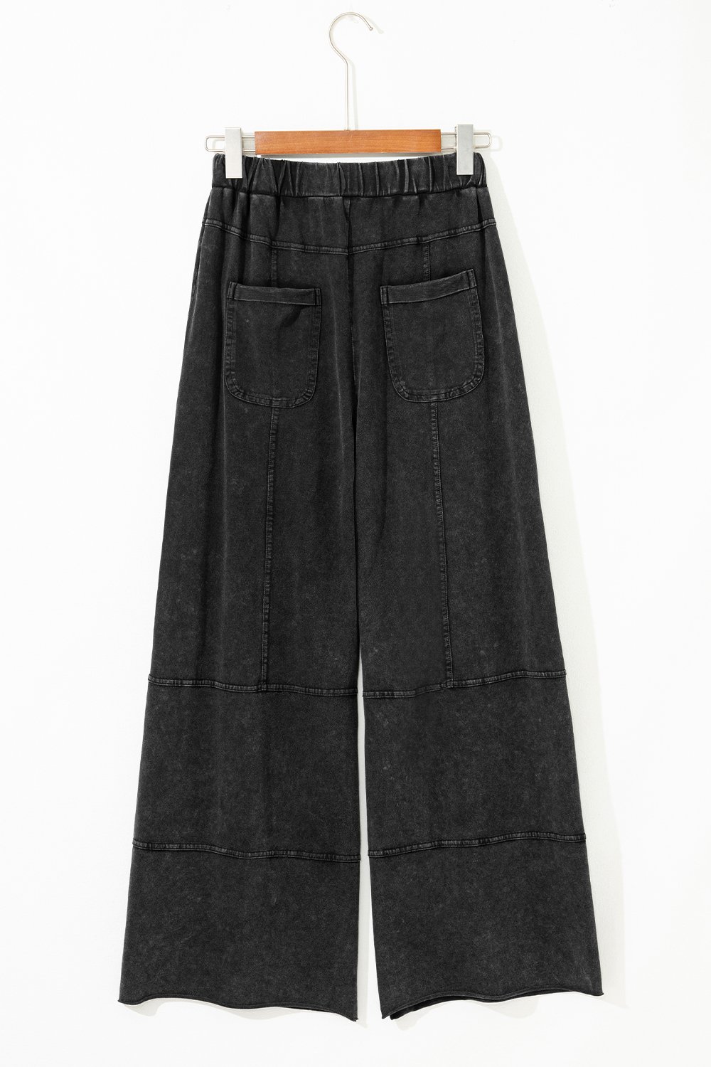 Black Mineral Wash Exposed Seam Drawstring Elastic Waistband Wide Leg Cargo Pants - Image 7