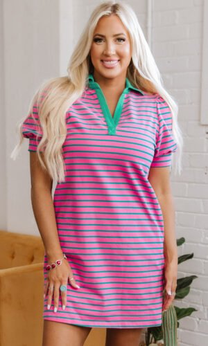 Pink Stripe Collared V Neck Puff Sleeve T Shirt Dress