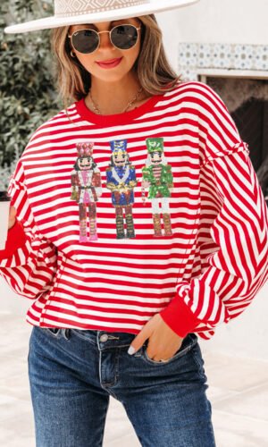 Red Stripe Christmas Nutcracker Sequin Patched Drop Shoulder Top
