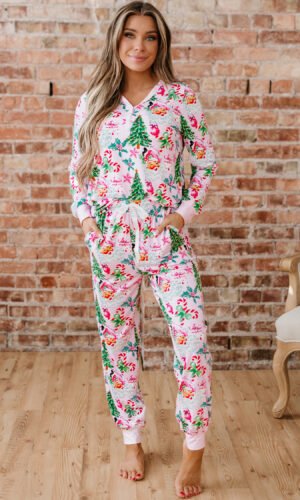 Pink Christmas Pattern Button V Neck Pullover Drawstring Pants 2pcs Lounge Set