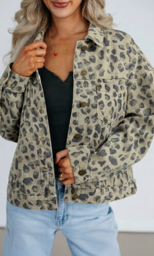 Khaki Retro Leopard Print Seam Detail Button Down Denim Jacket