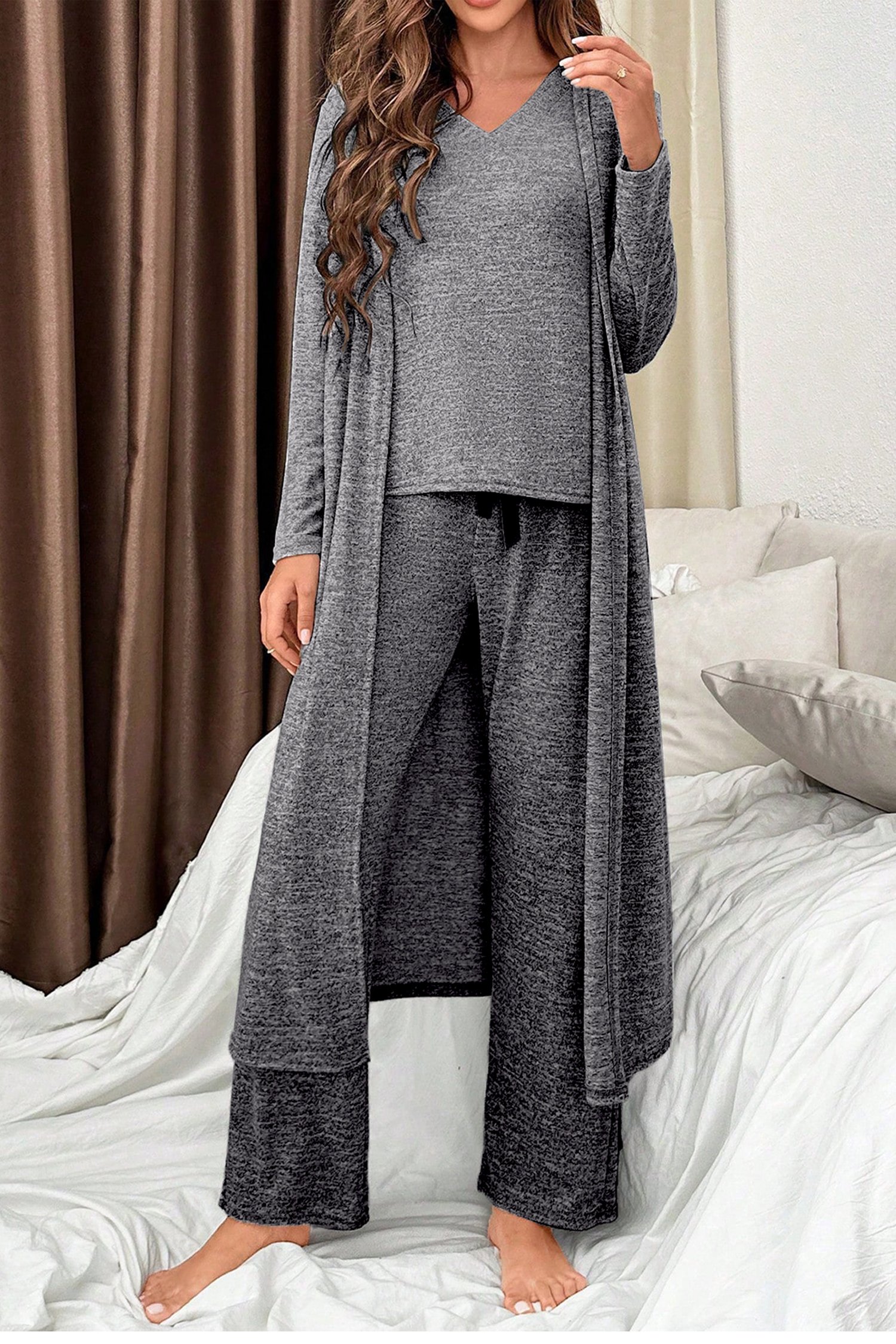 Dark Grey 3pcs V Neck T Shirt Ribbon Knot Pants Open Duster 3pcs Lounge Set - Image 3