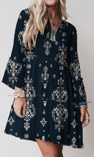 Blue Boho Floral Print Lettuce Trim 3/4 Sleeve Mini Dress