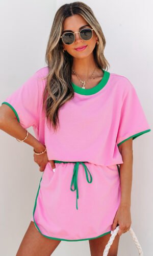 Bonbon Colorblock Edge Drop Shoulder T Shirt and Skort 2Pcs Set