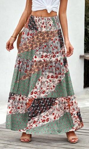 Multicolor Boho Print Tie-Up Waist Long Maxi Skirt