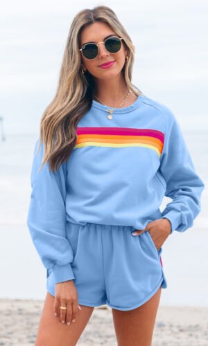 Beau Blue Accent Pullover and Shorts Two Piece Casual Set