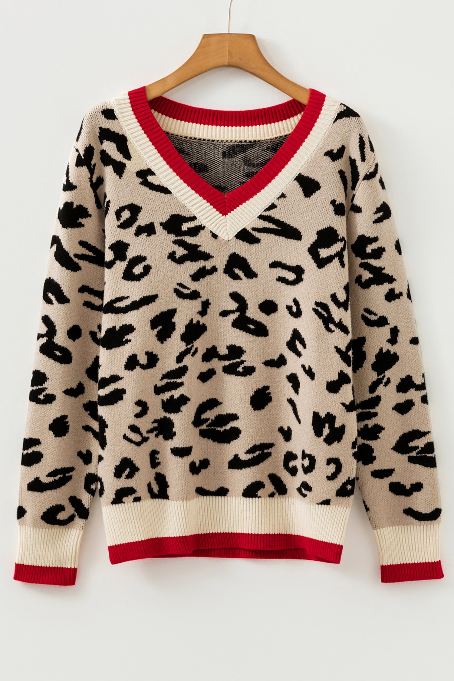 Khaki Leopard Pattern V-Neck Contrast Rib Knitted Sweater - Image 5