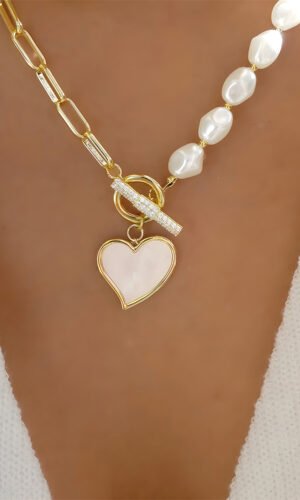 Gold Heart Shape Pendant Rhinestone Decor Pearl Chain Necklace