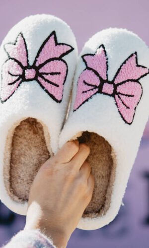 White Cute Bowknot Pattern Fuzzy Winter Home Slippers