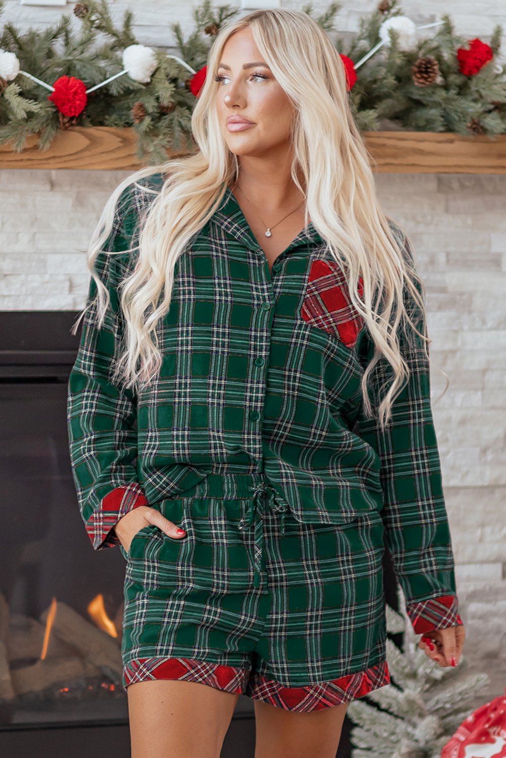 Green Plaid Contrast Patched Christmas Holiday Long Sleeve Shirt and Short 2pcs Pajama Set - Image 3