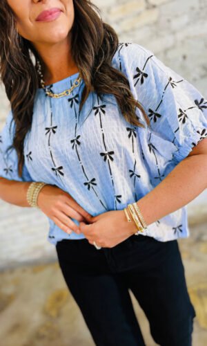 Beau Blue Bow Print Puff Short Sleeve Top
