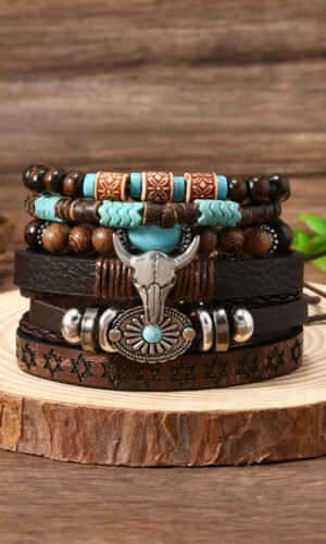 Chestnut 6 Piece Western Bull Skull Turquoise Beading Bracelet