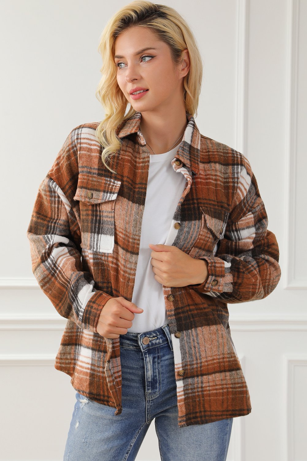 Brown Plaid Flap Pockets Shacket - Image 6