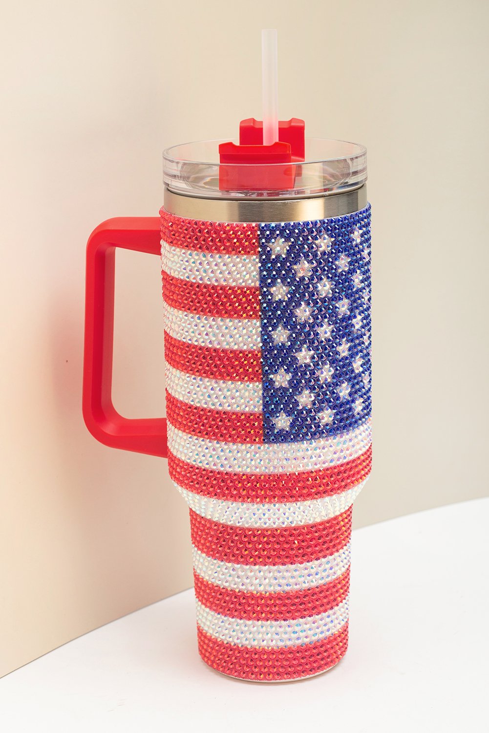 Red Rhinestone American Flag Print Handled 40oz Thermos Tumbler - Image 5