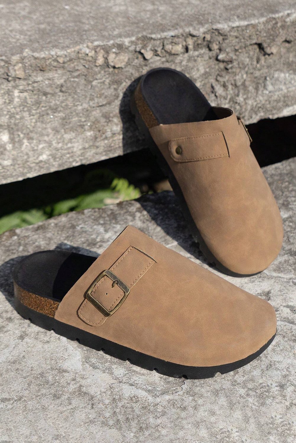 Light French Beige Suede Buckle Detail Slippers - Image 5