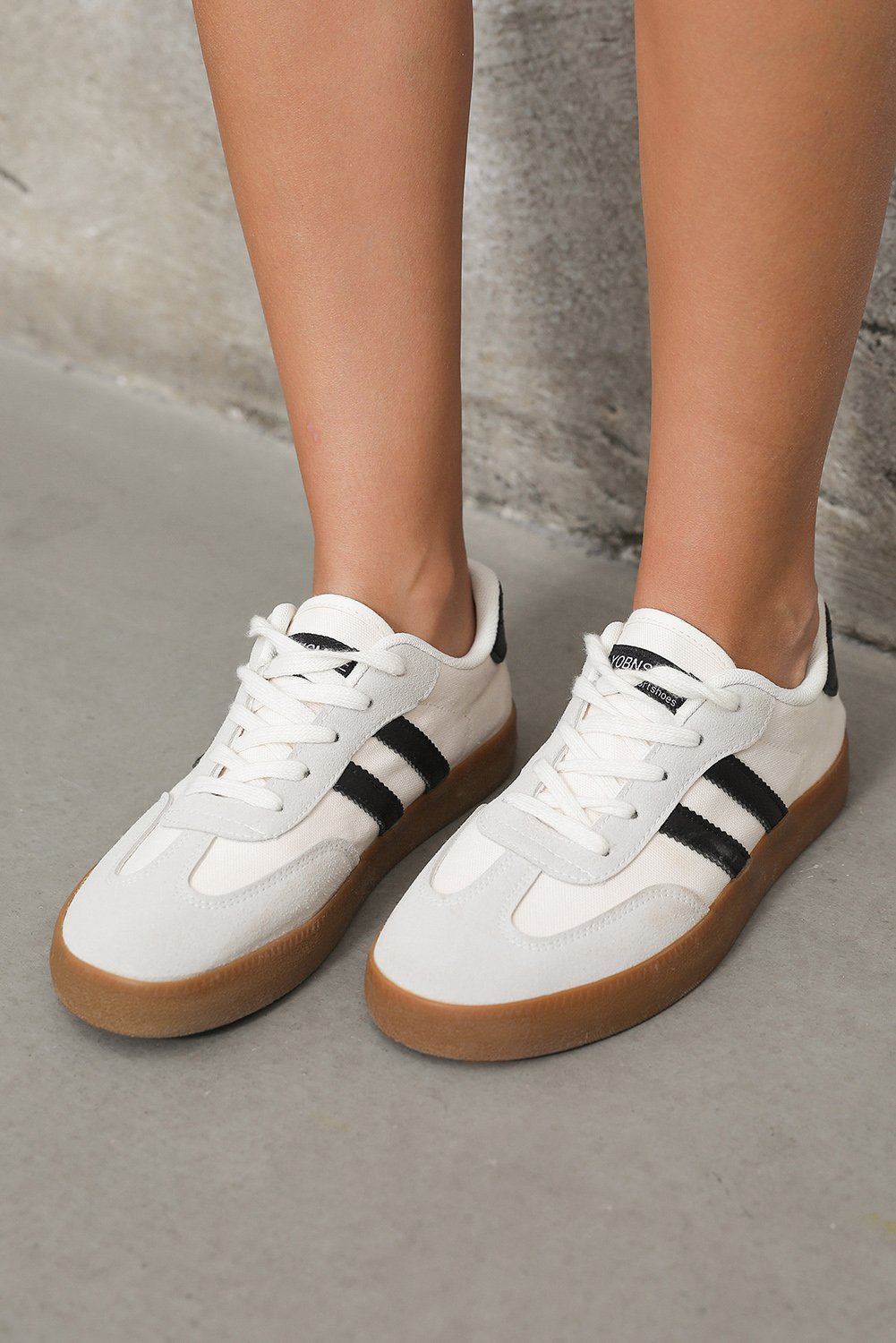 White Striped Lace-up Flat Sneakers - Image 7