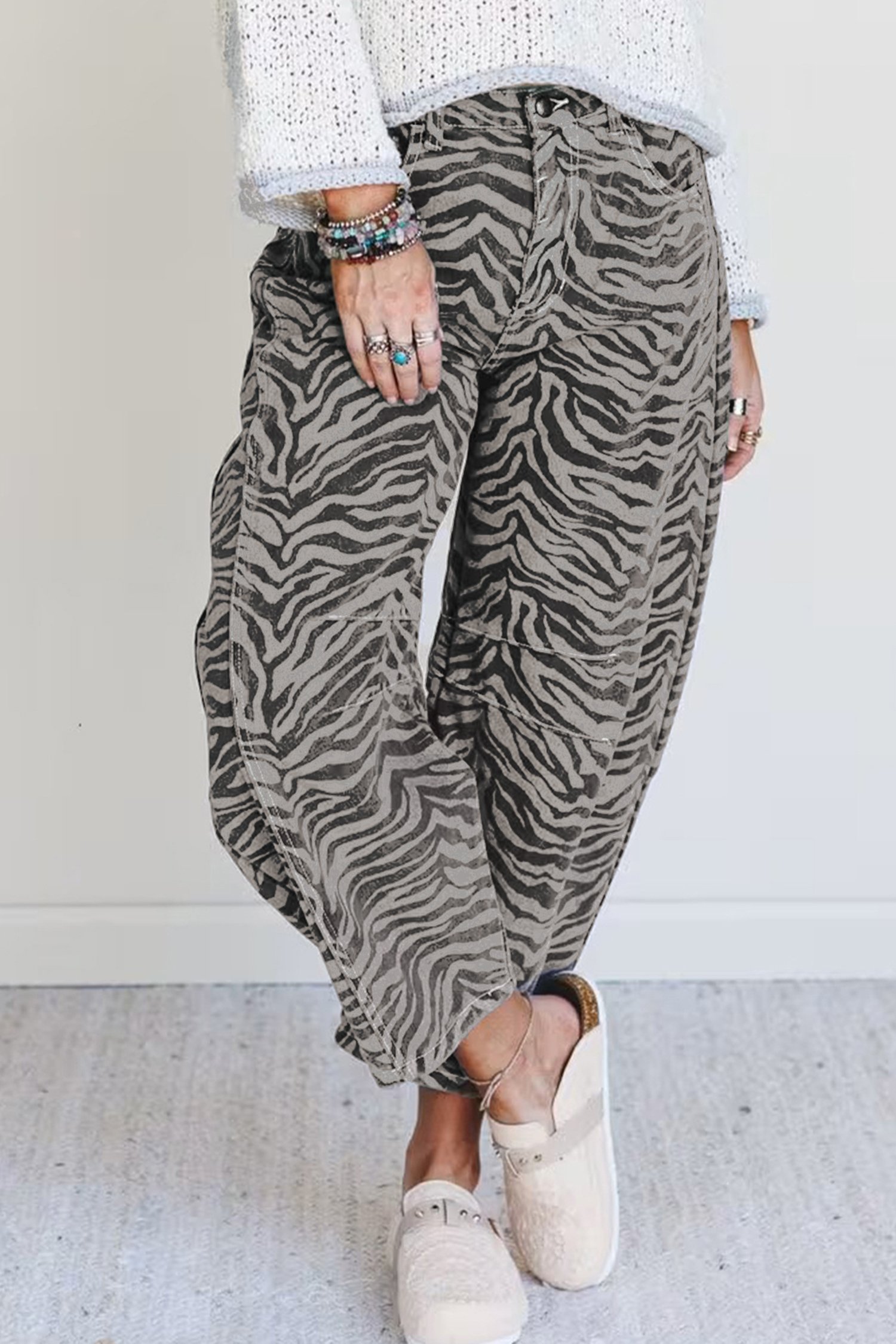 Gray Zebra Stripe Printed Wide Leg Jeans - Image 7