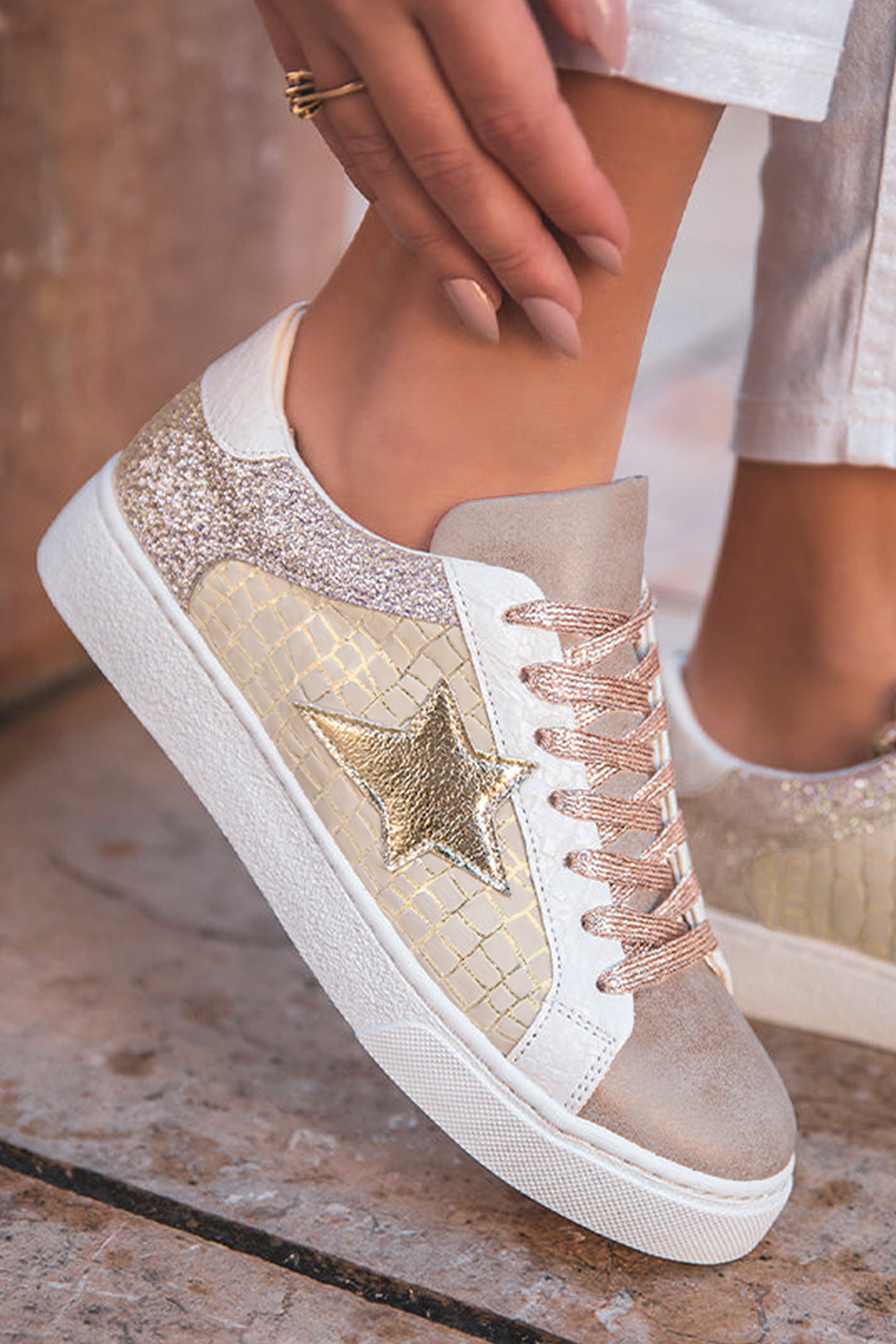Dearlove Gold Glitter Star Patchwork PU Leather Lace-up Sneakers - Image 3