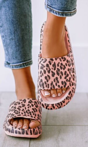 Pink Leopard Print Thick Sole Slip On Slippers