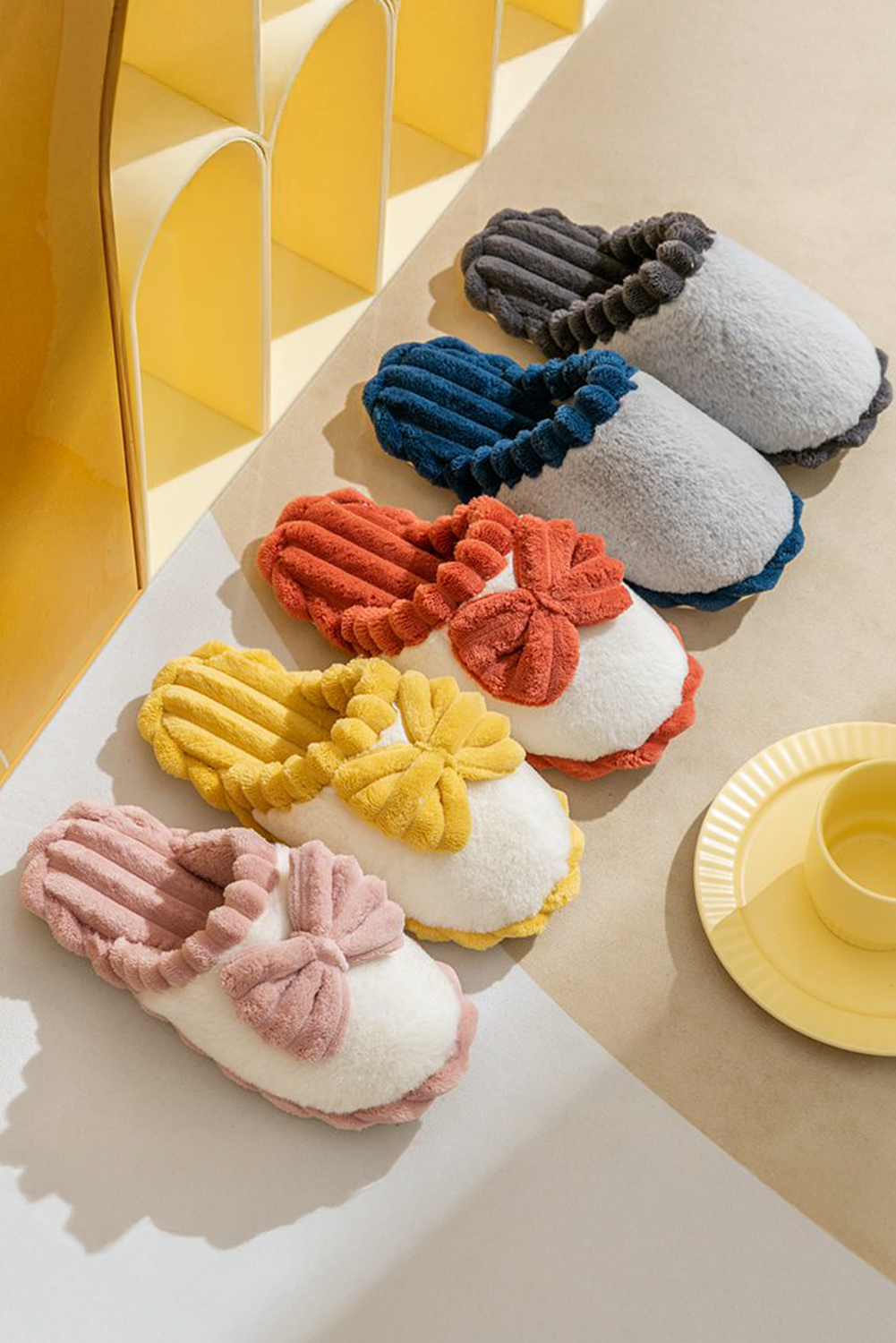 Fushia Bow Decor Color Block Ribbed Plush Slippers - Image 7