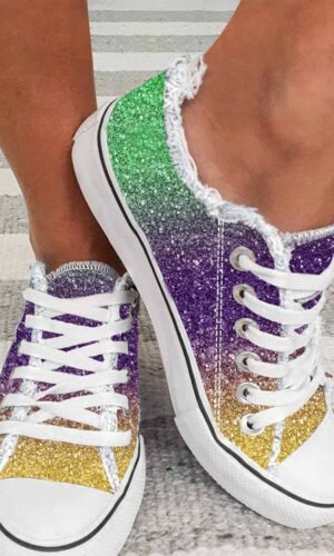 Multicolor Shiny Gradient Raw Hem Lace-up Flat Canvas Shoes