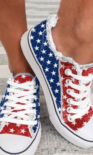 Multicolor American Flag Stars Printed Frayed Detail Lace-up Shoes