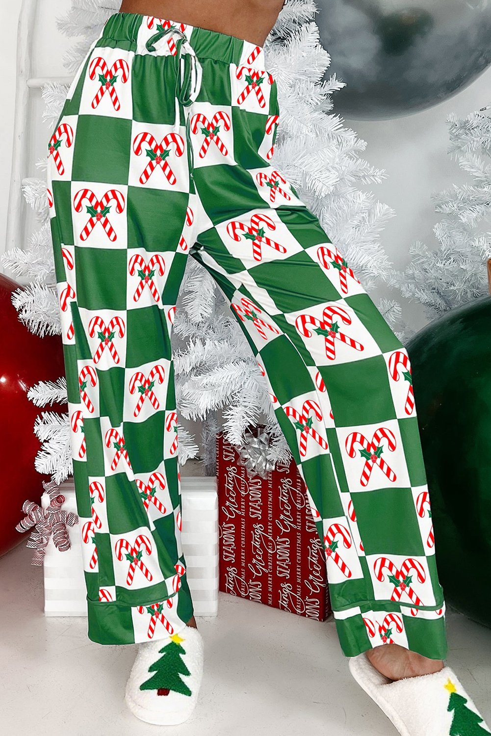 Green Holly Jolly Checkered Pattern 2pcs Long Pajama Set - Image 2