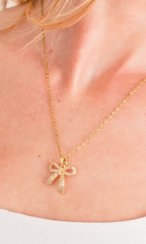 Gold Plated Rhinestone Bowknot Pendant Necklace