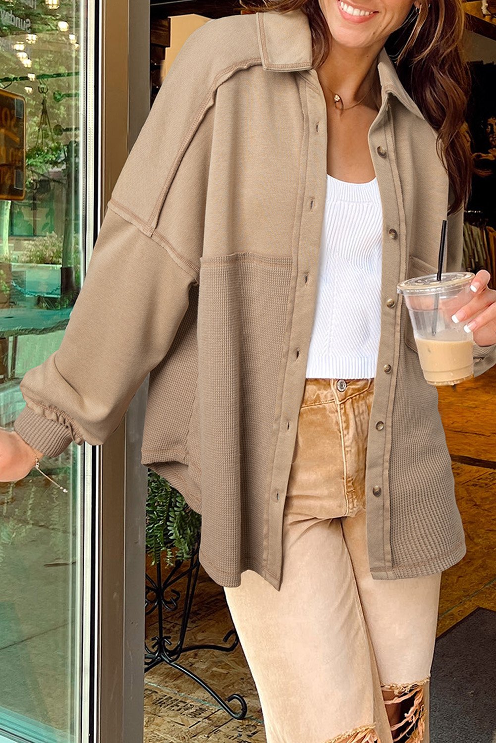 Goat Mineral Wash Textured Patchwork Loose Fit Shacket - Image 6