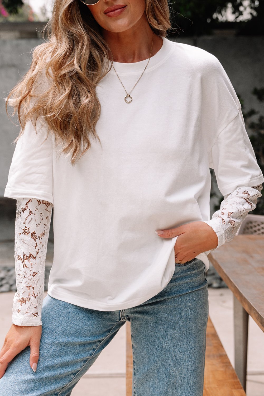 White Lace Long Sleeve Insert Drop Shoulder Tee - Image 7