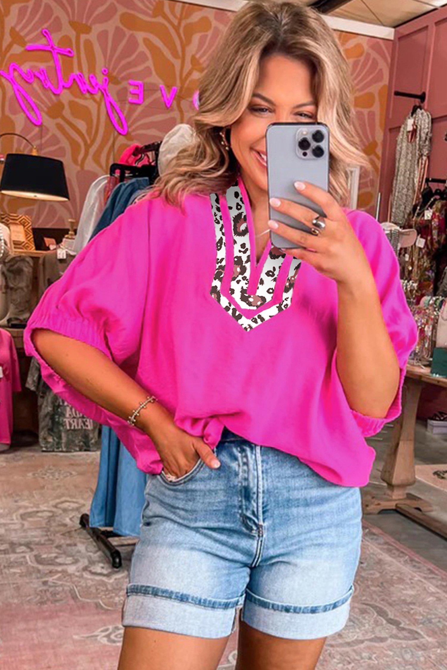 Rose Red Dolman Half Sleeve Leopard Patchwork Trim V Neck Blouse - Image 3