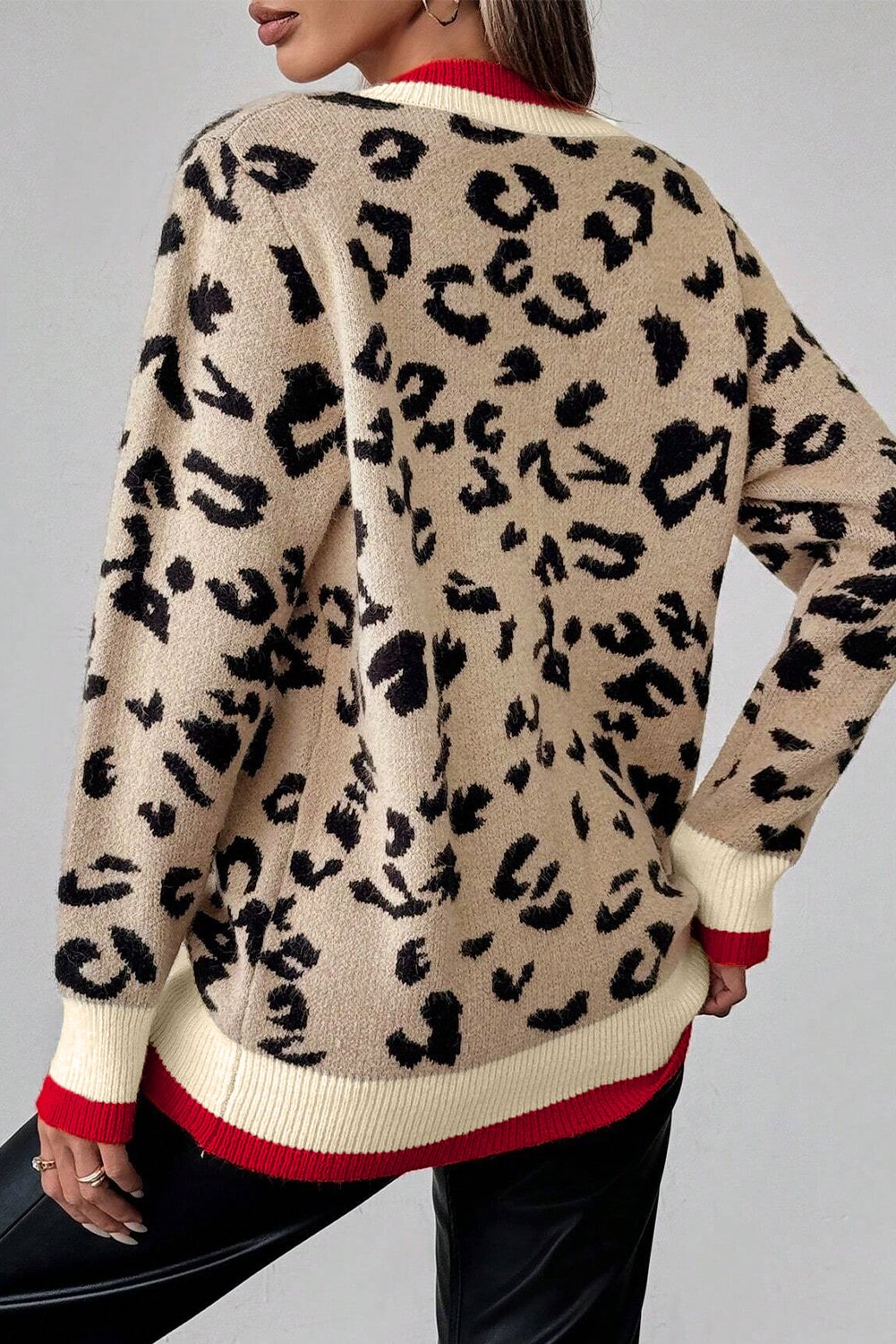 Khaki Leopard Pattern V-Neck Contrast Rib Knitted Sweater - Image 2