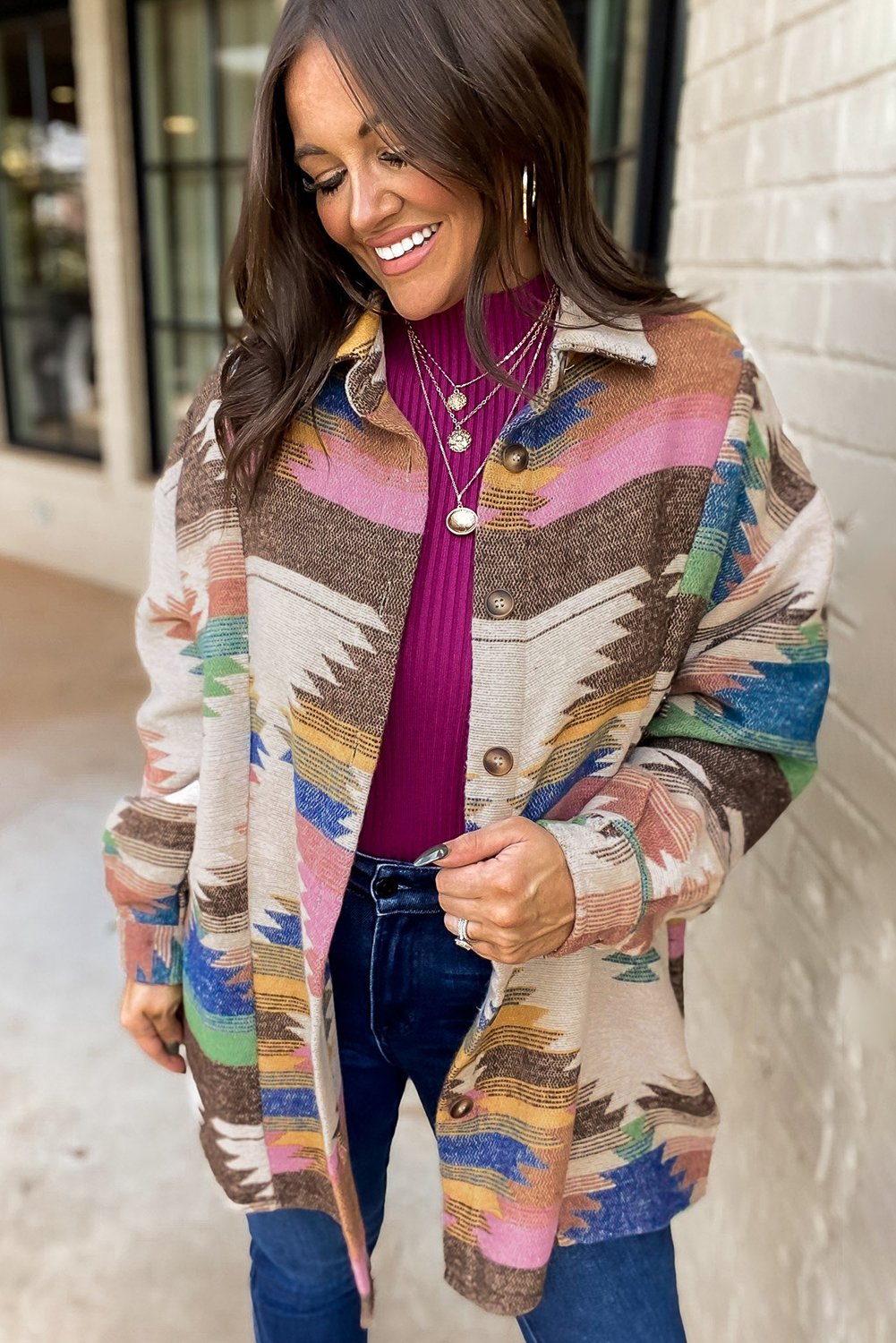 White Aztec Print Button Up Shacket - Image 4