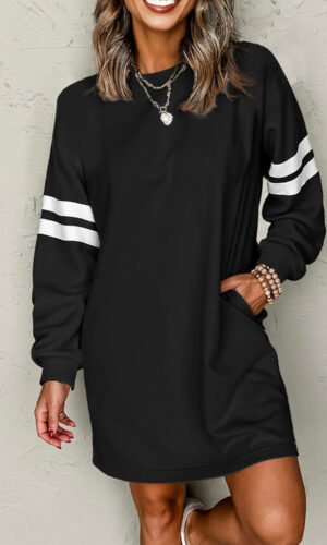 Black Varsity Contrast Banded Sleeve Shift Sweatshirt Dress