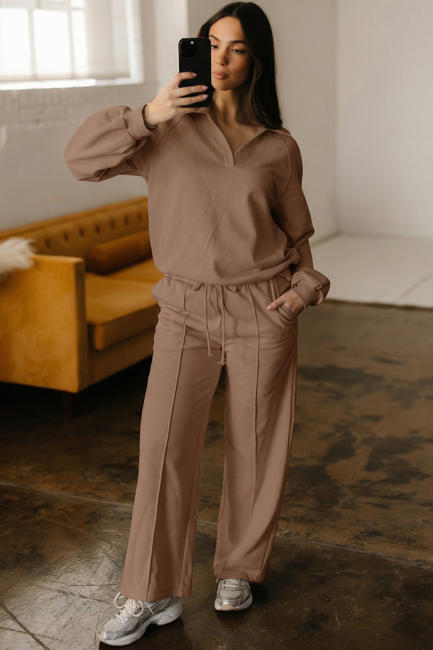 Dark Khaki Polo Collar V Neck Pullover and Drawstring Sweatpants Set - Image 14